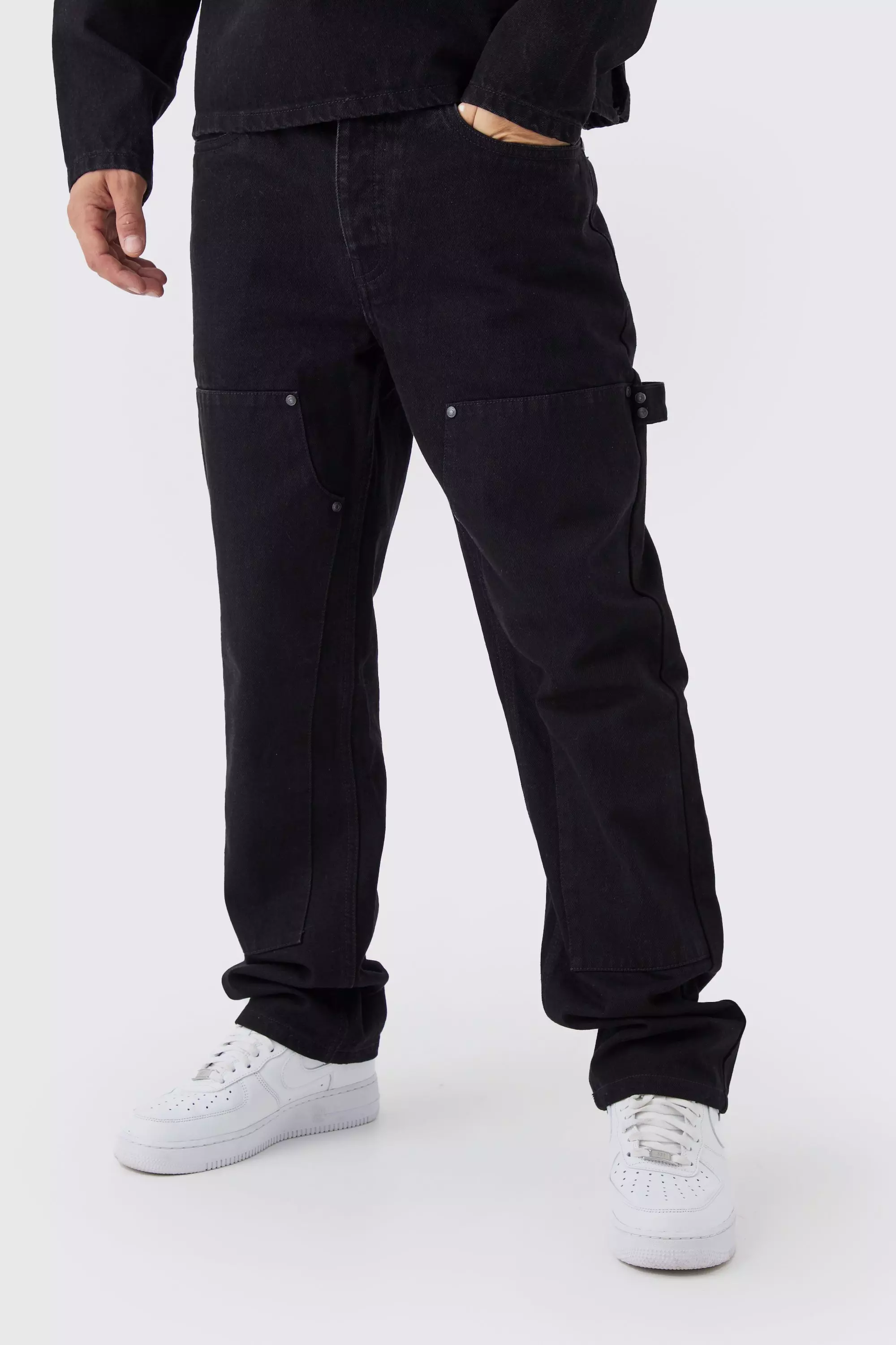 Straight Leg Carpenter Black Jeans | boohooMAN USA